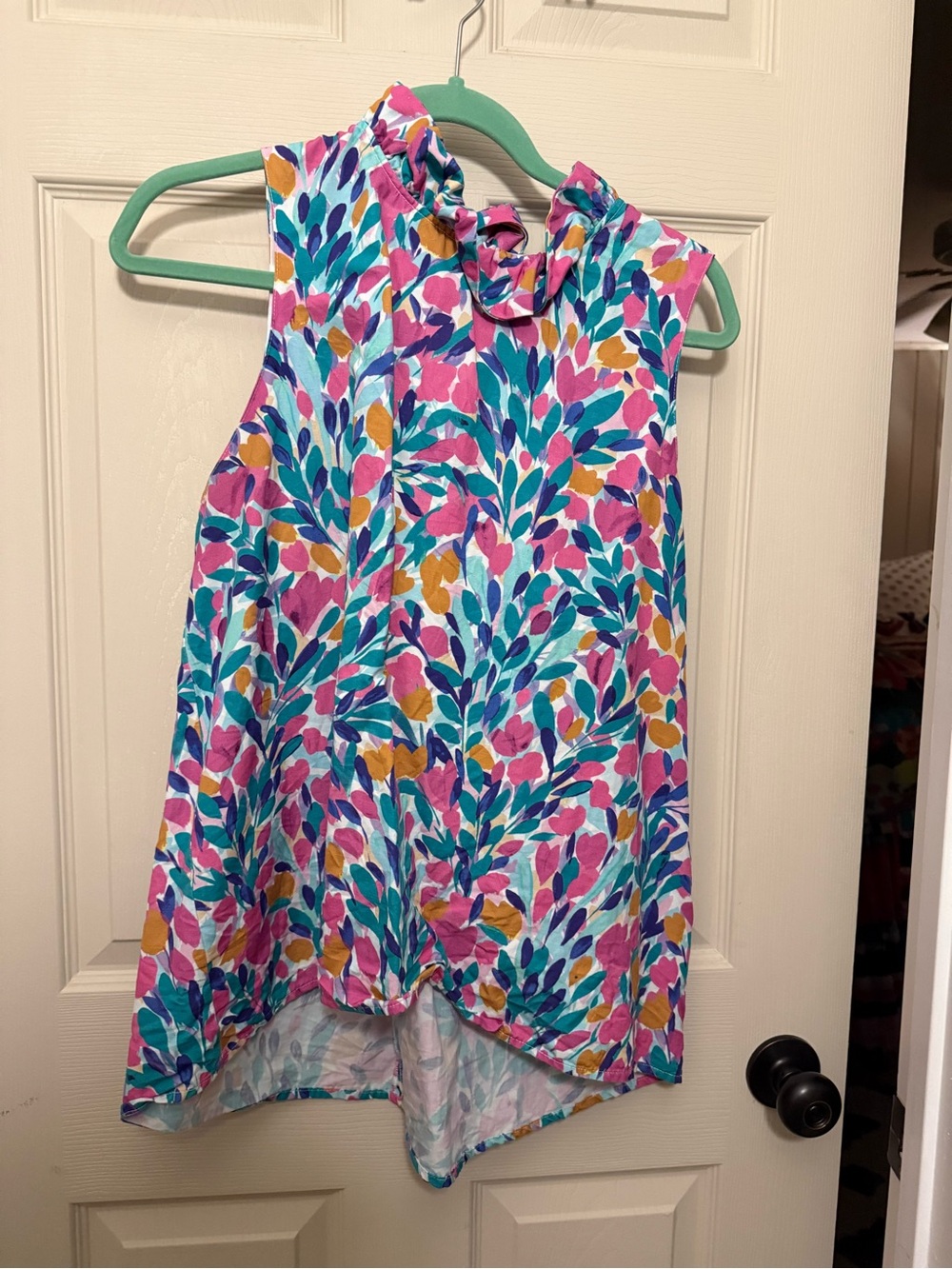 Tyler Boe Claudette Sleeveless Ruffle Neck Floral Top - Pink Teal Print